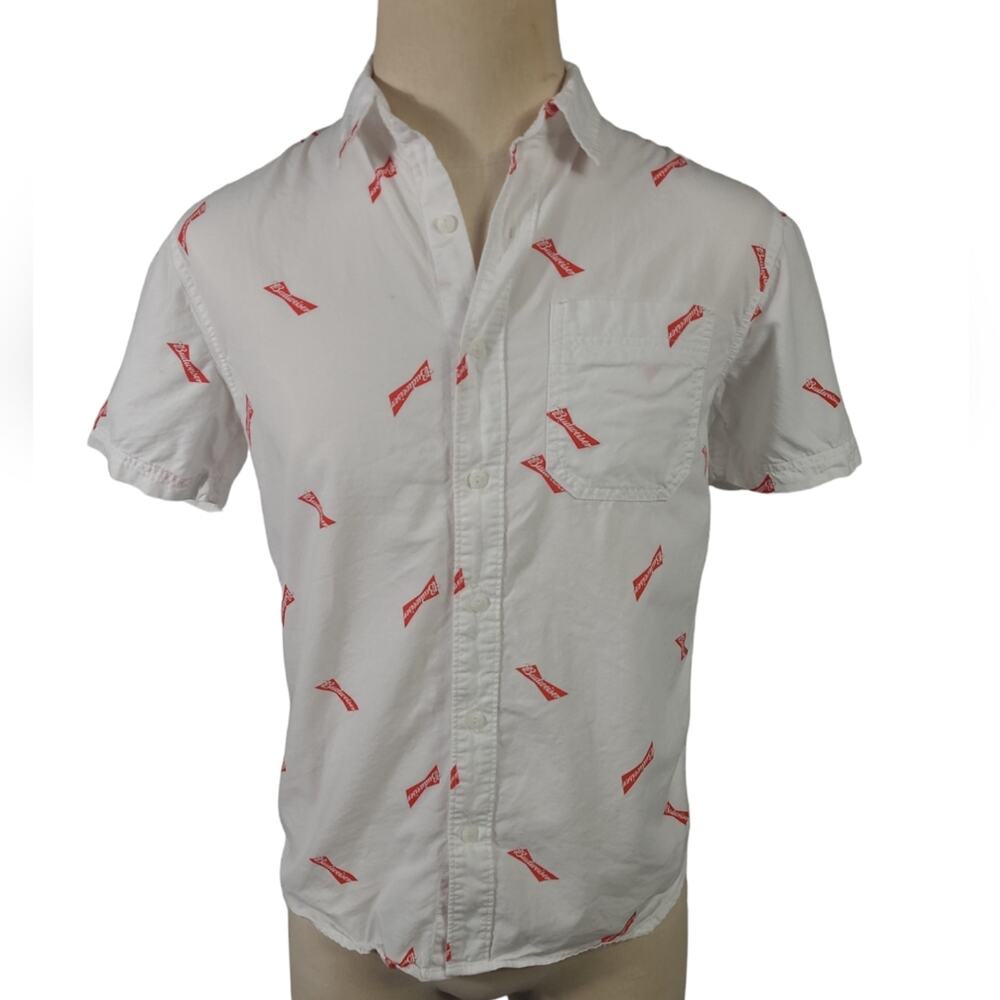 Budweiser Button Down Sz. Small Short Sleeve White & Red Logo Cotton Blend Shirt